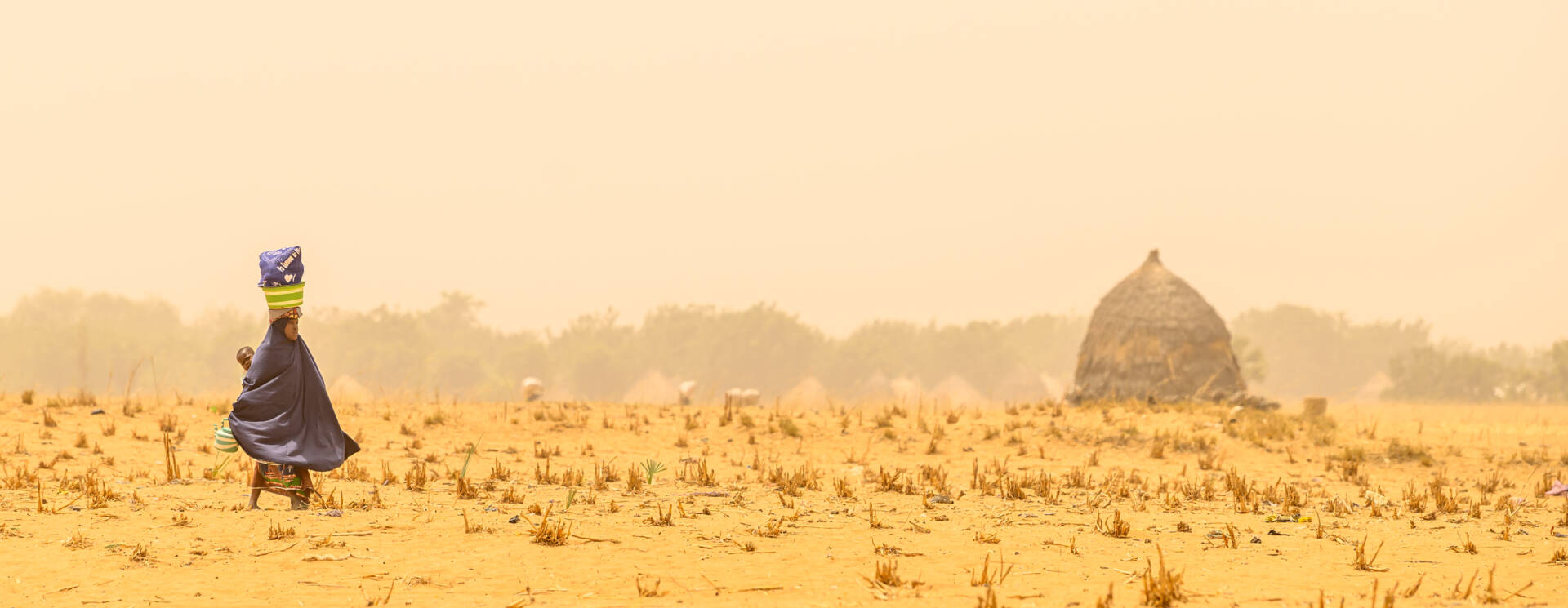 A woman with a baby on her back and a load on her head walks through a dry and dusty landscape in Niger.