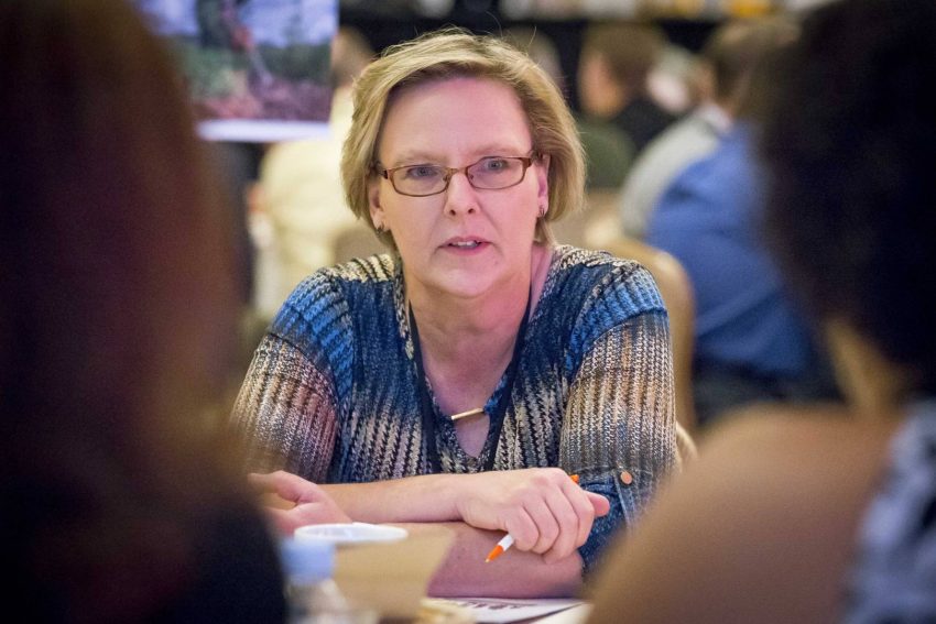 Sherrie Woodring listens to a roundtable discussion at a 2017 conference in California about the Every Last One campaign.