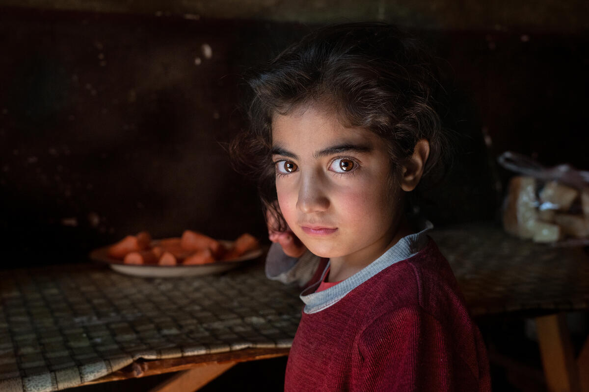 A young girl with dark hair and brown eyes looks at the camera. A dish of fruit rests on the table in a dark room.