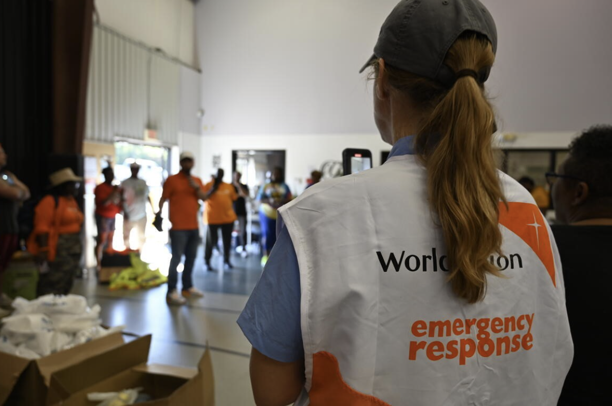World Vision staff and volunteers from St. John Baptist Church in Arden, North Carolina, organize distribution of Hurricane Helene disaster relief supplies for distribution on October 5. (© 2024 World Vision/photo by Tom Costanza)